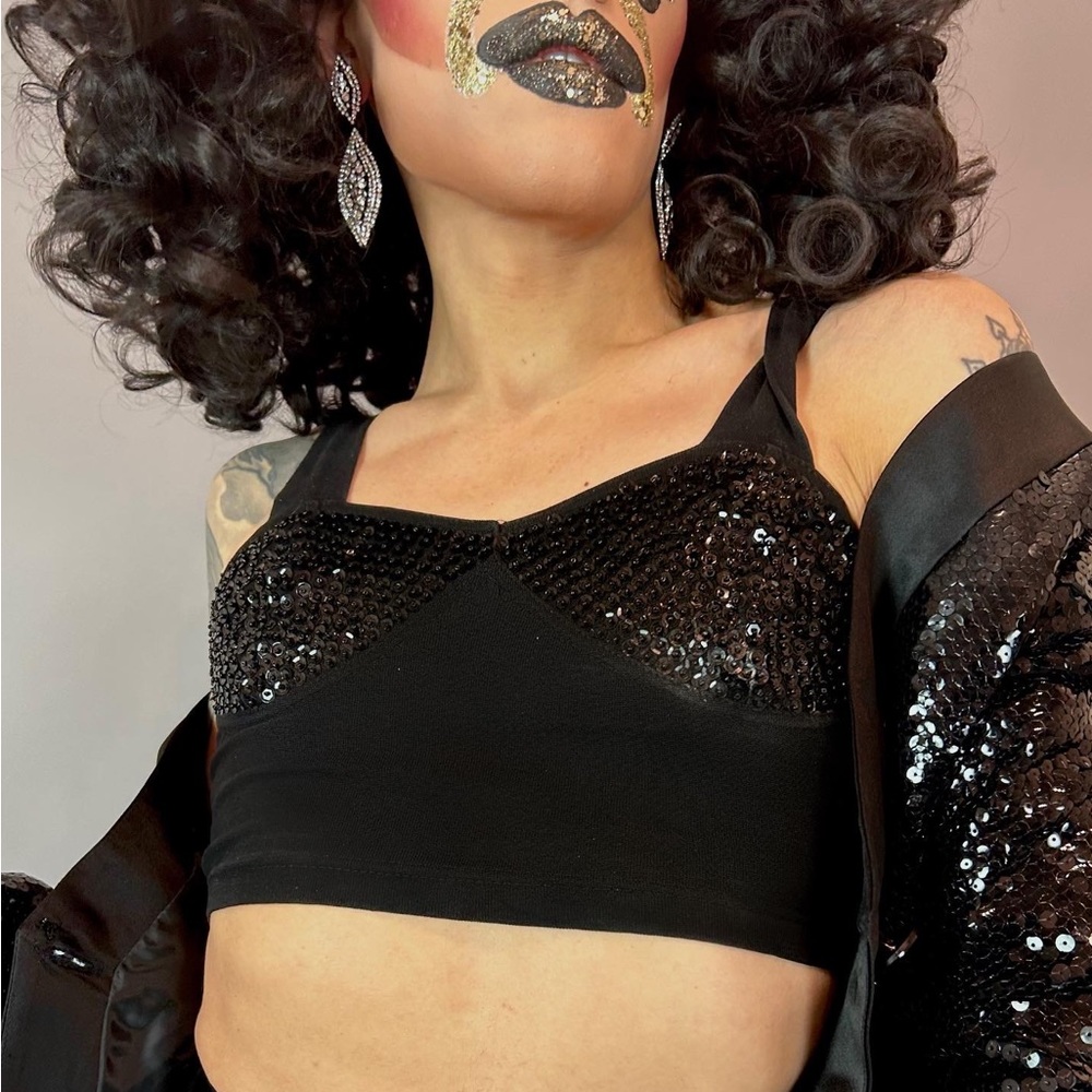 Vintage 80s Early 90s Selena-Style Black Sequin Cotton Club Bralette